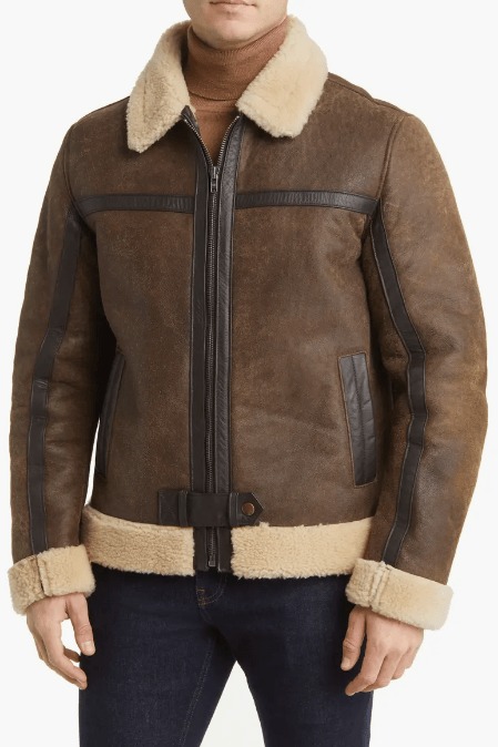 Men's Sheepskin Leather Jacket In Brown
