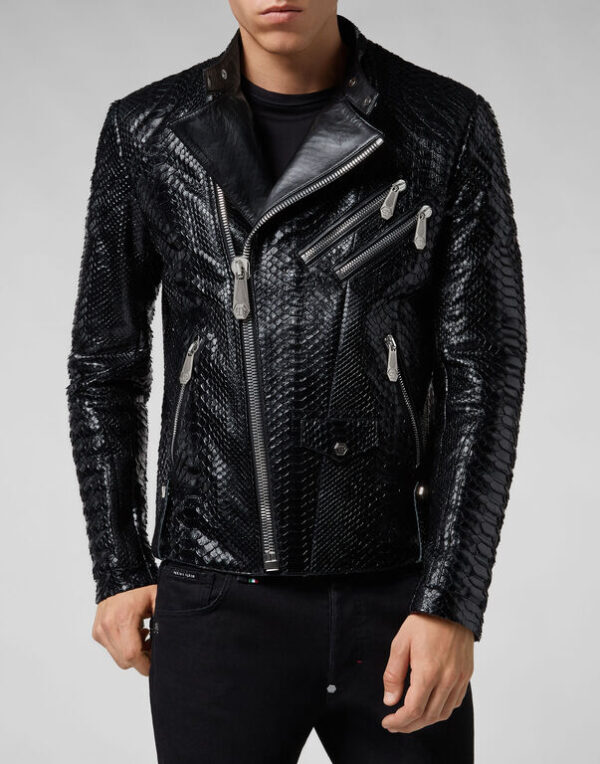 Arnaud Crocodile Black Leather Biker Jacket