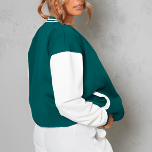 Women’s Green Varsity Leather Bomber Jacket With White Sleeves