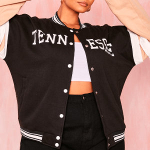 Women’s Black Leather Varsity Jacket With Pink Sleeves