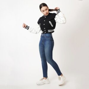 Women’s Black Leather Varsity Jacket With White Sleeves