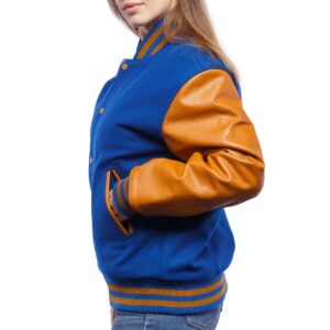 Women’s Blue Leather Varsity Jacket With Brown Sleeves virginia leather shop