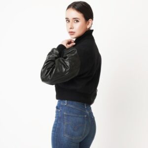 Women’s Cropped Leather Varsity Jacket In Black
