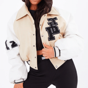 Women's Leather Varsity Jacket In Beige