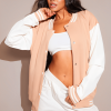 Women's Pink Leather Varsity Jacket With White Sleeves