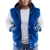 Women’s Hooded Leather Varsity Jacket In Blue