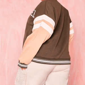 Women's Brown Leather Varsity Jacket With Pink Sleeves