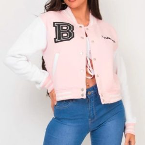 Women’s White Sleeves Pink Varsity Leather Jacket
