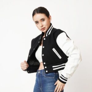Women’s Black Leather Varsity Jacket With White Sleeves
