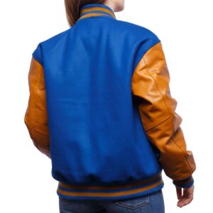 Women’s Blue Leather Varsity Jacket With Brown Sleeves virginia leather shop