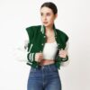 Women’s Cropped Leather Varsity Jacket In Green