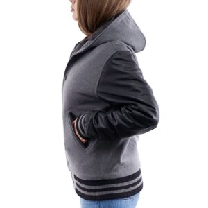 Women’s Hooded Leather Varsity Jacket In Gray