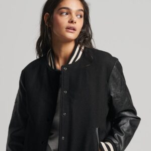 Women’s Leather Varsity Jacket In Black
