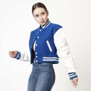 Women’s Short Leather Varsity Jacket In Blue