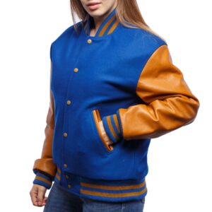 Women’s Blue Leather Varsity Jacket With Brown Sleeves virginia leather shop