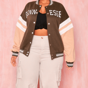 Women's Brown Leather Varsity Jacket With Pink Sleeves
