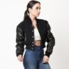 Women’s Cropped Leather Varsity Jacket In Black