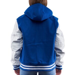 Women’s Hooded Leather Varsity Jacket In Blue
