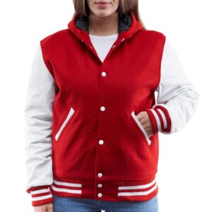 Women’s Hooded Leather Varsity Jacket In Red