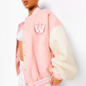 Women’s Pink Leather Varsity Jacket