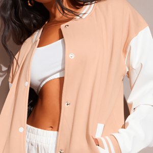 Women's Pink Leather Varsity Jacket With White Sleeves
