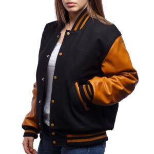 Women’s Varsity Bomber Leather Jacket In Black