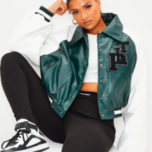 Women’s Varsity Bomber Leather Jacket In Green