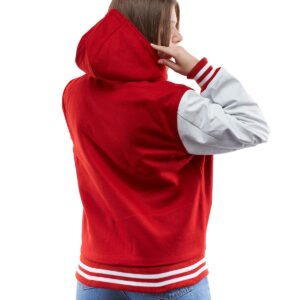 Women’s Hooded Leather Varsity Jacket In Red