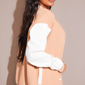 Women's Pink Leather Varsity Jacket With White Sleeves