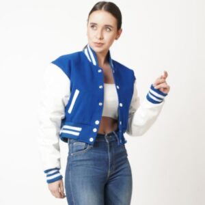 Women’s Short Leather Varsity Jacket In Blue