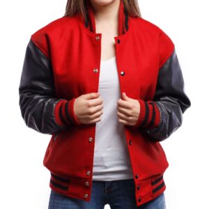 Women’s Varsity Bomber Leather Jacket In Red