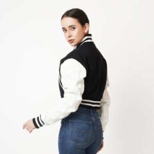 Women’s Black Leather Varsity Jacket With White Sleeves