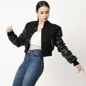Women’s Cropped Leather Varsity Jacket In Black
