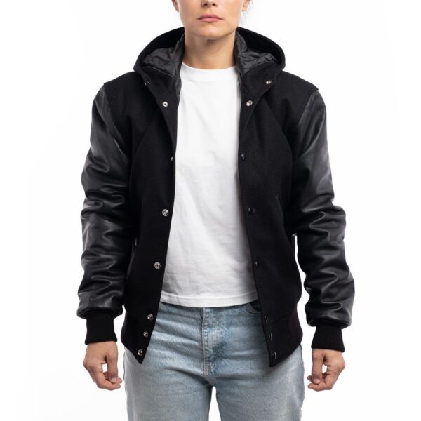 Women’s Hooded Leather Varsity Jacket In Black