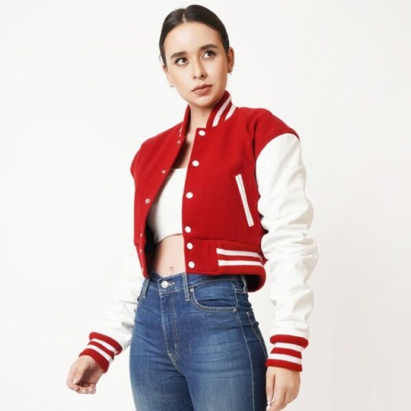 Women’s Short Leather Varsity Jacket In Red