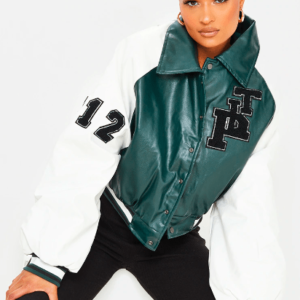 Women’s Varsity Bomber Leather Jacket In Green
