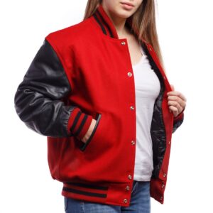 Women’s Varsity Bomber Leather Jacket In Red