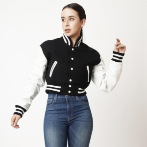 Women’s Black Leather Varsity Jacket With White Sleeves