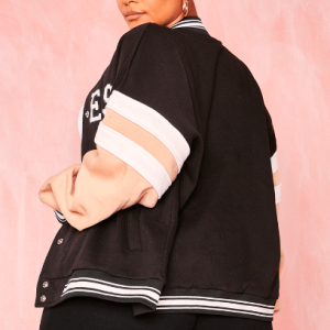 Women’s Black Leather Varsity Jacket With Pink Sleeves