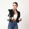 Women’s Black Leather Varsity Jacket With White Sleeves