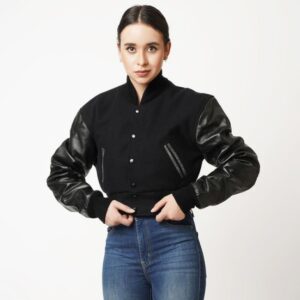 Women’s Cropped Leather Varsity Jacket In Black