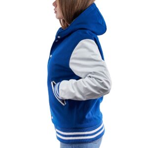 Women’s Hooded Leather Varsity Jacket In Blue
