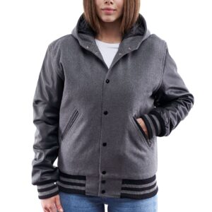 Women’s Hooded Leather Varsity Jacket In Gray