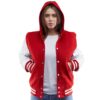 Women’s Hooded Leather Varsity Jacket In Red