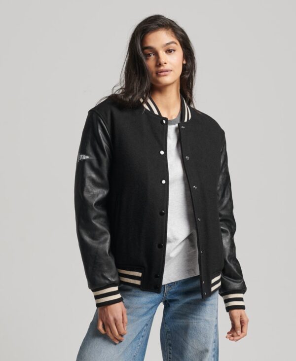 Women’s Leather Varsity Jacket In Black