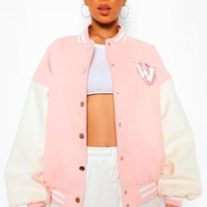 Women’s Pink Leather Varsity Jacket