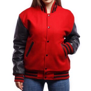 Women’s Varsity Bomber Leather Jacket In Red