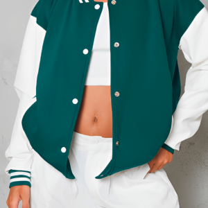 Women’s Green Varsity Leather Bomber Jacket With White Sleeves