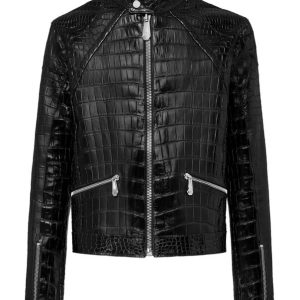 Best Grim Black Crocodile Embossed Biker Leather Jacket