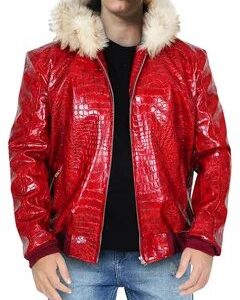 Super Red Crocodile Leather Fur Hooded Jacket